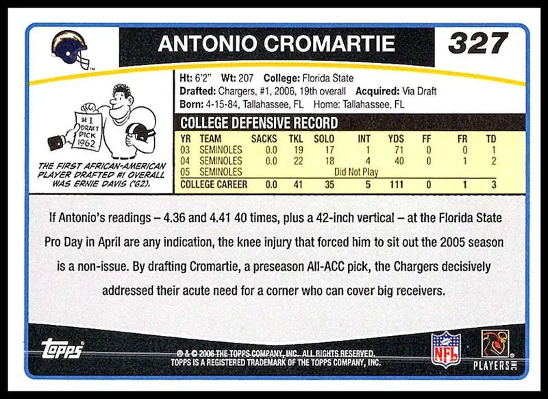 2006 Topps #327 Antonio Cromartie NM-MT RC Rookie San Diego Chargers Football Card - Football Card Single