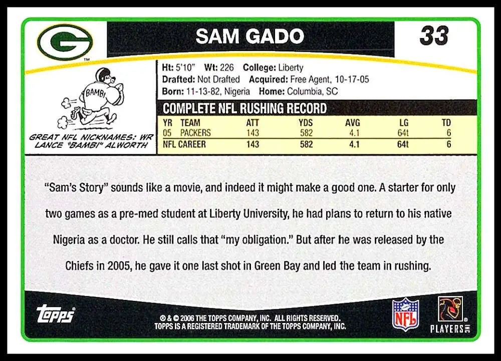 2006 Topps #33 Samkon Gado NM-MT Green Bay Packers Football Card - Football Card Single