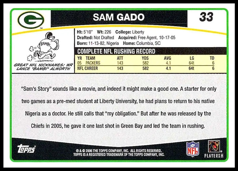 2006 Topps #33 Samkon Gado NM-MT Green Bay Packers Football Card - Football Card Single