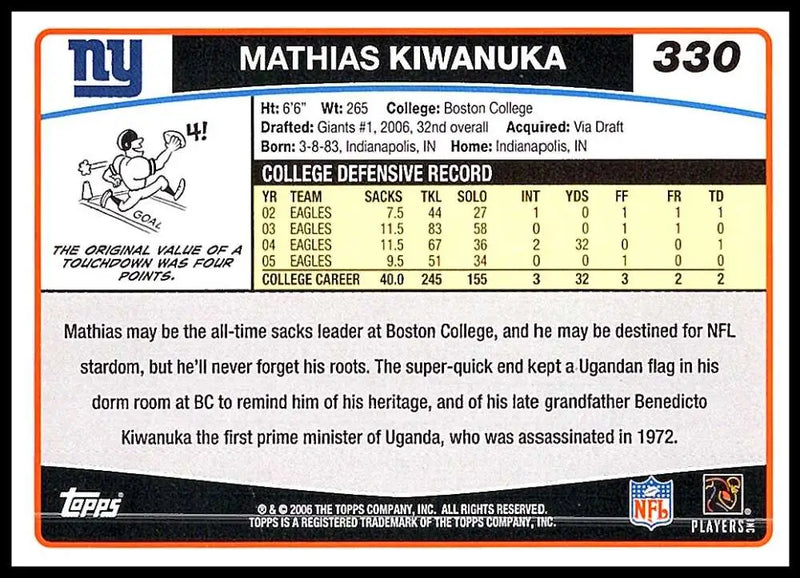 2006 Topps #330 Mathias Kiwanuka NM-MT RC Rookie New York Giants Football Card - Football Card Single