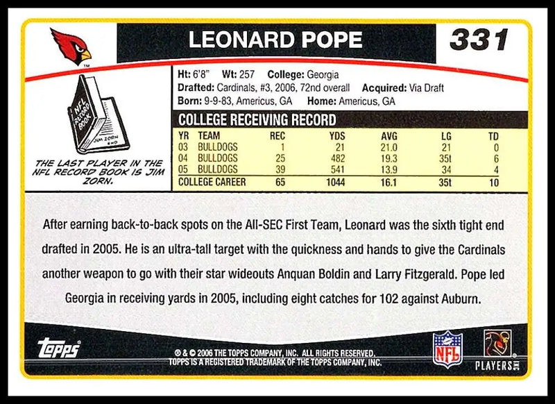 2006 Topps #331 Leonard Pope NM-MT RC Rookie Arizona Cardinals Football Card - Football Card Single