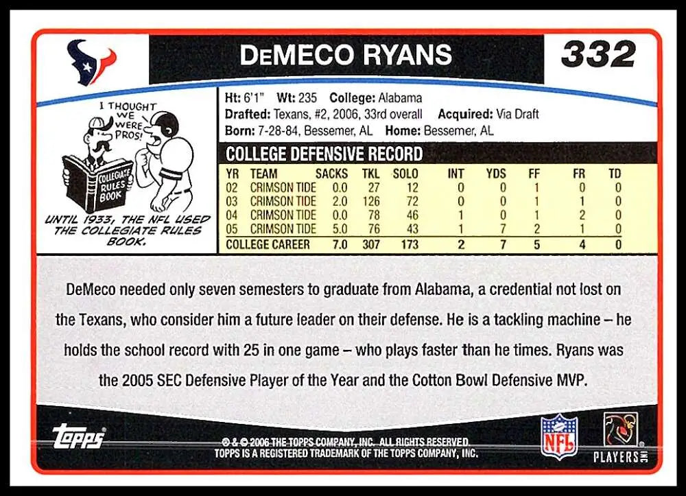 2006 Topps #332 DeMeco Ryans NM-MT RC Rookie Houston Texans Football Card - Football Card Single