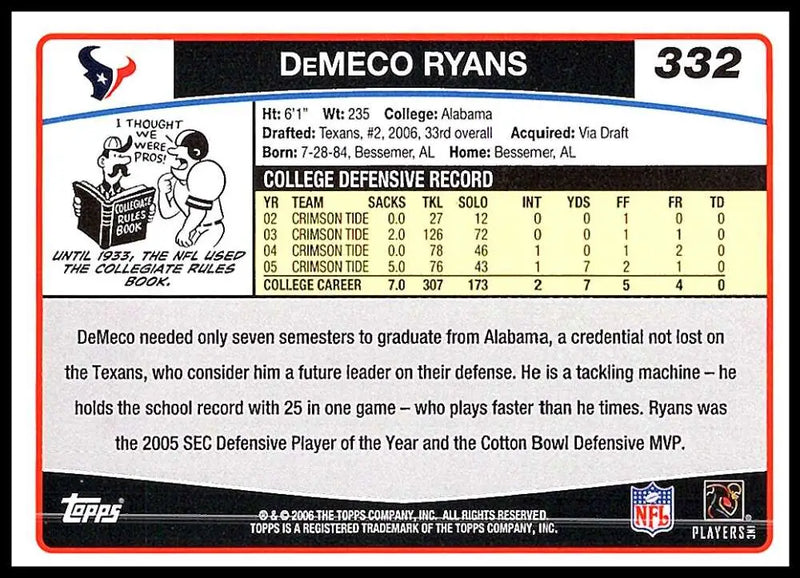 2006 Topps #332 DeMeco Ryans NM-MT RC Rookie Houston Texans Football Card - Football Card Single