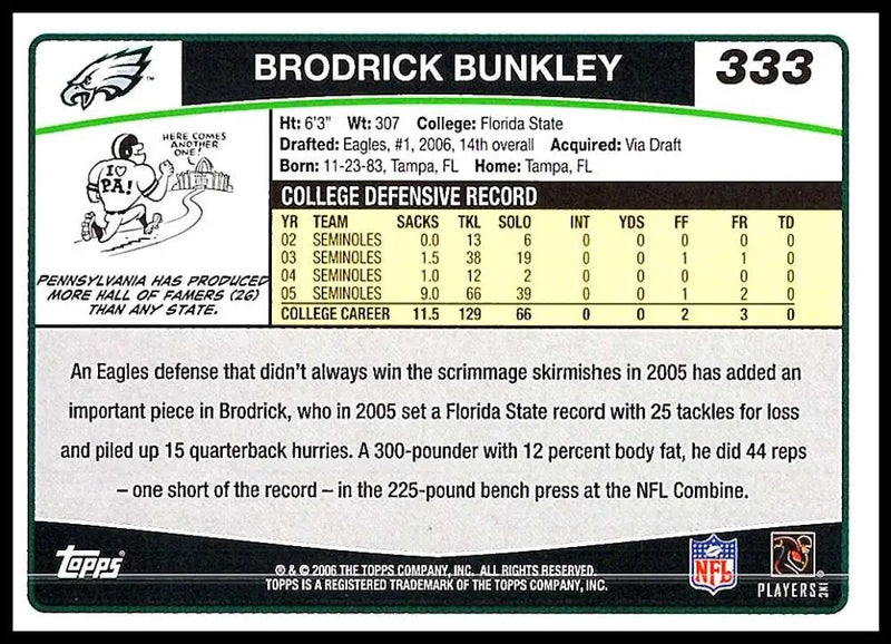 2006 Topps #333 Brodrick Bunkley NM-MT RC Rookie Philadelphia Eagles Football Card - Football Card Single