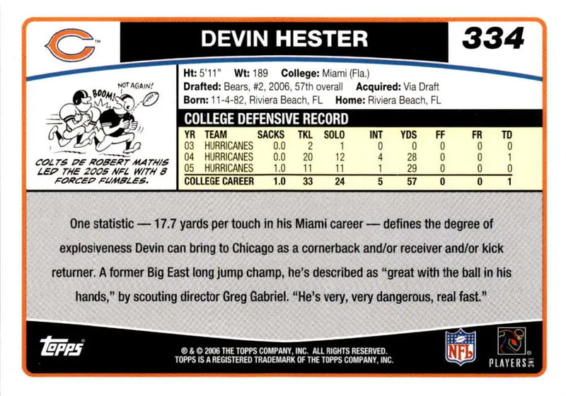2006 Topps #334 Devin Hester NM-MT RC Rookie Chicago Bears Football Card - Football Card Single