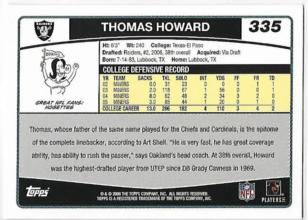 2006 Topps #335 Thomas Howard NM-MT RC Rookie Oakland Raiders Football Card - Football Card Single