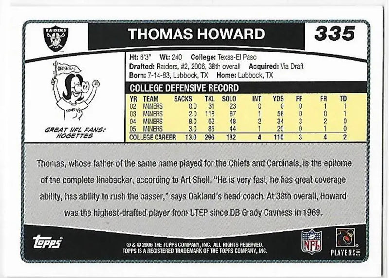 2006 Topps #335 Thomas Howard NM-MT RC Rookie Oakland Raiders Football Card - Football Card Single