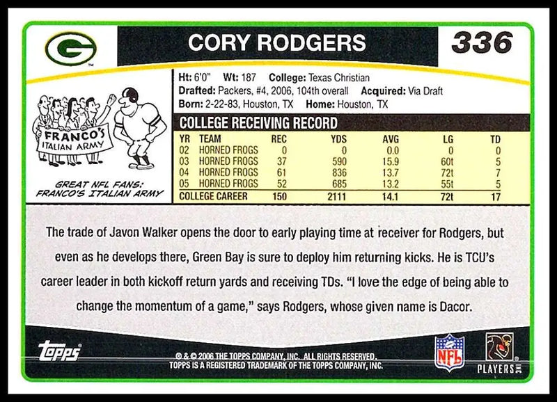 2006 Topps #336 Cory Rodgers NM-MT RC Rookie Green Bay Packers Football Card - Football Card Single