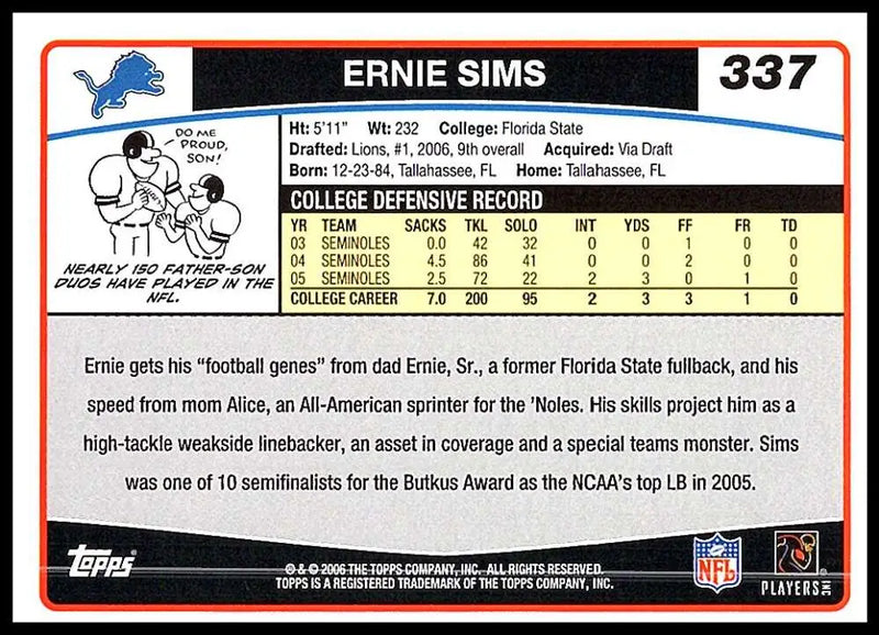 2006 Topps #337 Ernie Sims NM-MT RC Rookie Detroit Lions Football Card - Football Card Single