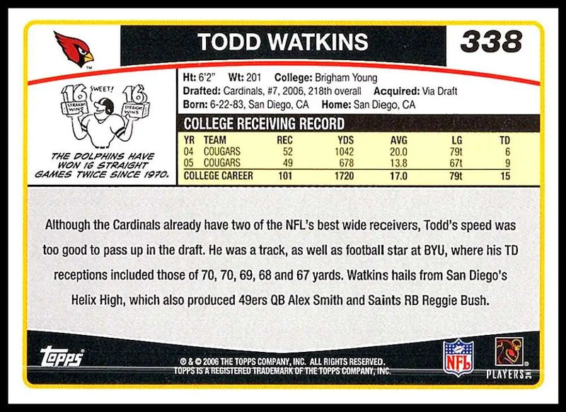 2006 Topps #338 Todd Watkins NM-MT RC Rookie Arizona Cardinals Football Card