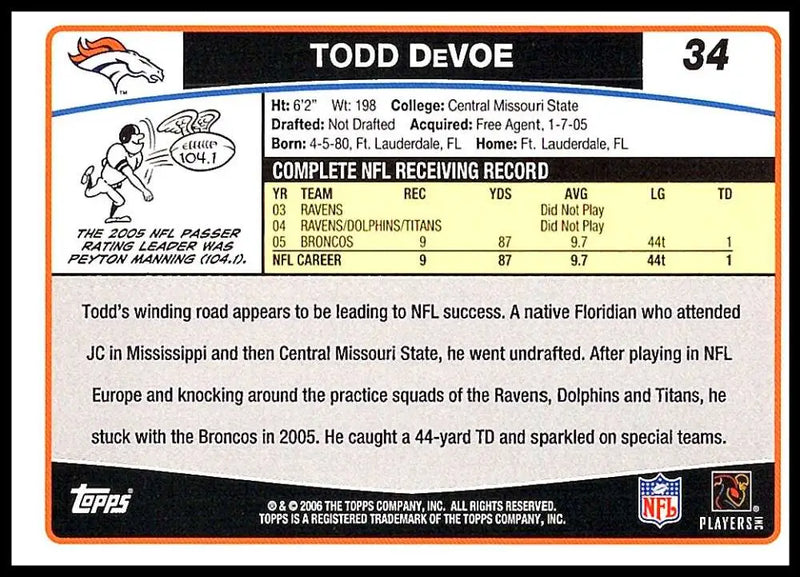 2006 Topps #34 Todd DeVoe NM-MT Denver Broncos Football Card - Football Card Single