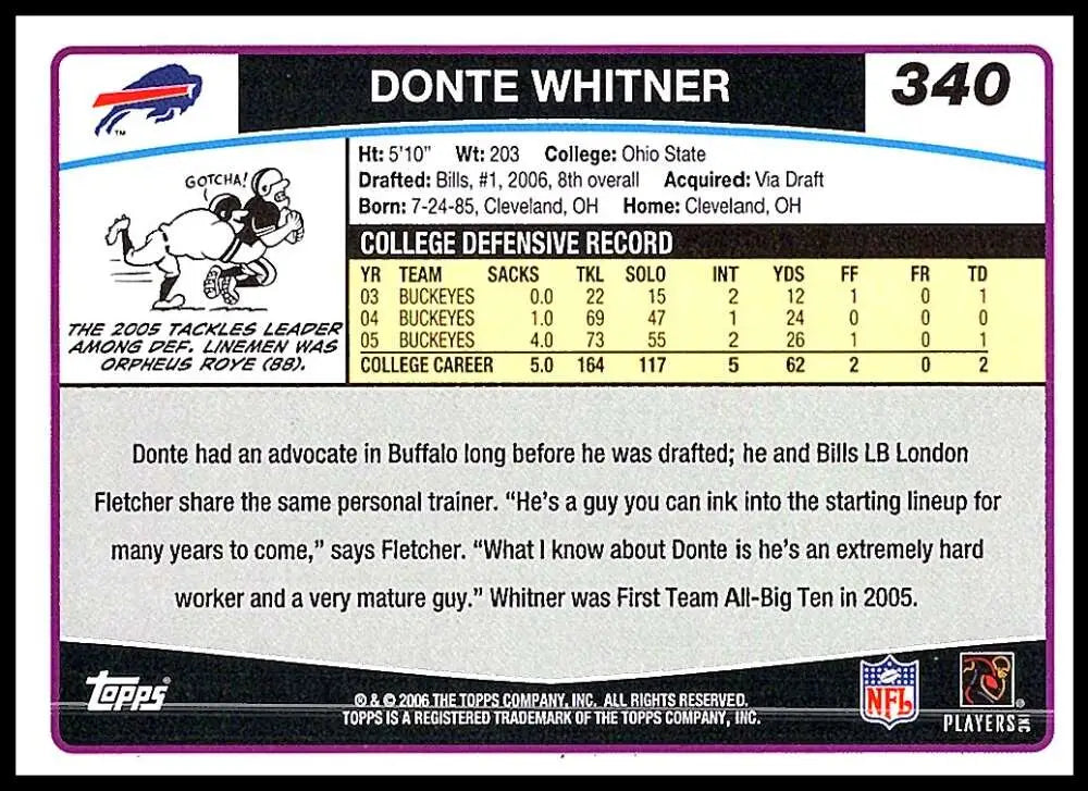 2006 Topps #340 Donte Whitner NM-MT RC Rookie Buffalo Bills Football Card - Football Card Single