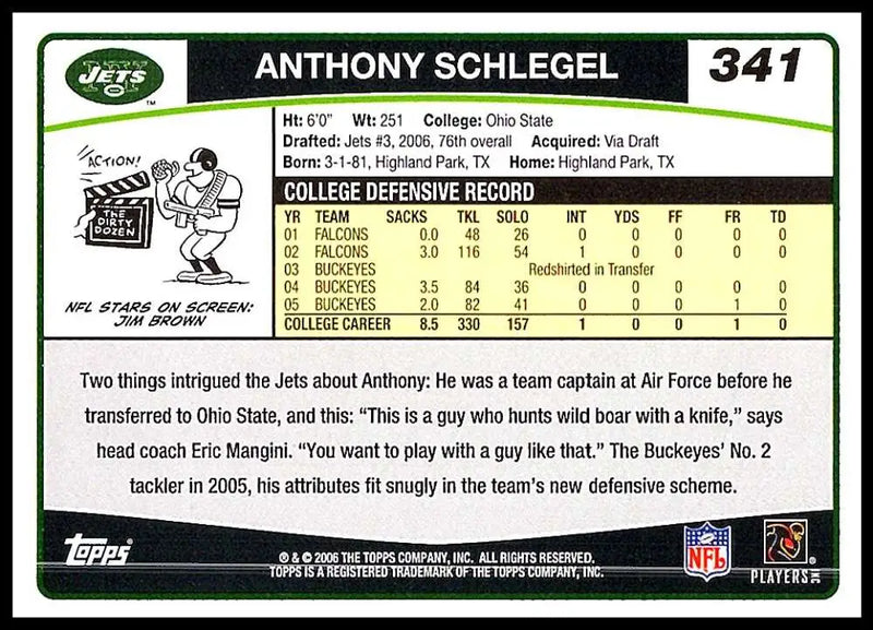 2006 Topps #341 Anthony Schlegel NM-MT RC Rookie New York Jets Football Card - Football Card Single