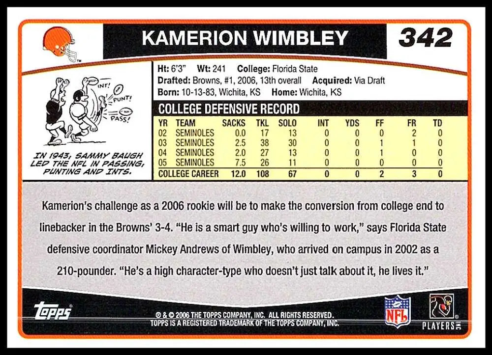 2006 Topps #342 Kamerion Wimbley NM-MT RC Rookie Cleveland Browns Football Card - Football Card Single