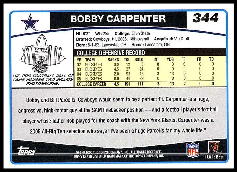 2006 Topps #344 Bobby Carpenter NM-MT RC Rookie Dallas Cowboys Football Card - Football Card Single
