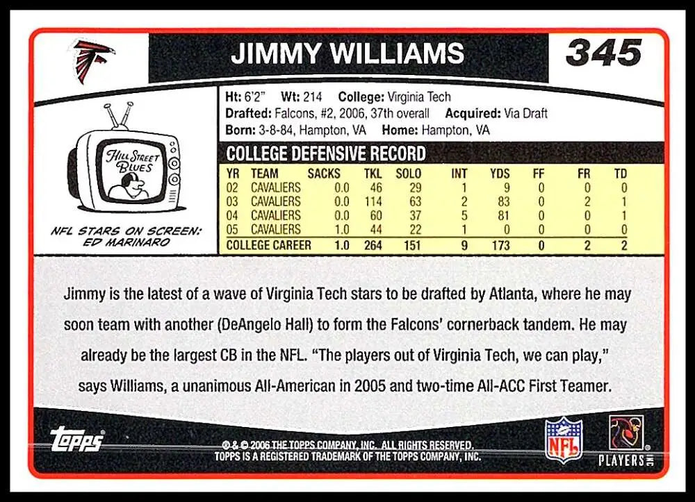 2006 Topps #345 Jimmy Williams NM-MT RC Rookie Atlanta Falcons Football Card - Football Card Single