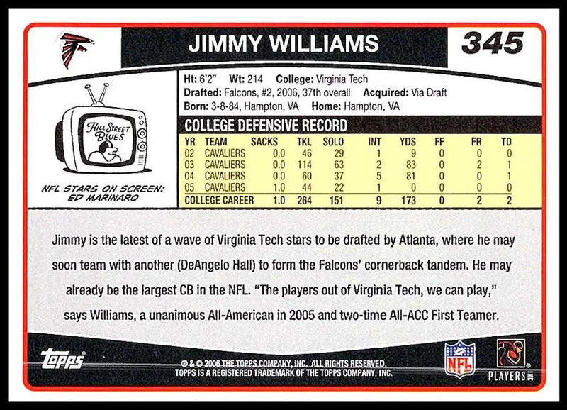 2006 Topps #345 Jimmy Williams NM-MT RC Rookie Atlanta Falcons Football Card - Football Card Single