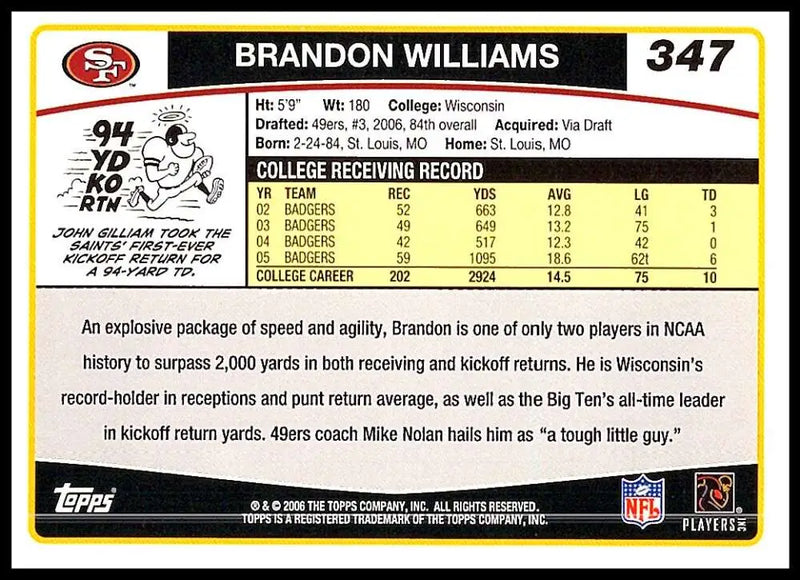 2006 Topps #347 Brandon Williams NM-MT RC Rookie San Francisco 49ers Football Card - Football Card Single