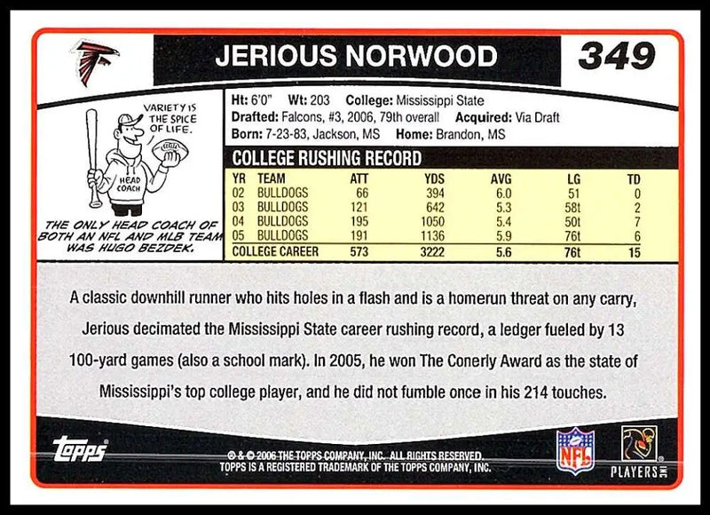 2006 Topps #349 Jerious Norwood NM-MT RC Rookie Atlanta Falcons Football Card - Football Card Single