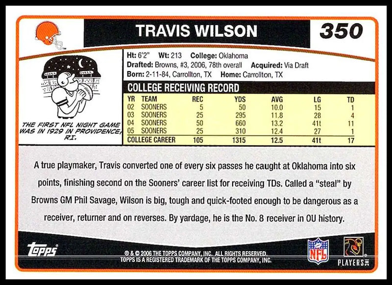 2006 Topps #350 Travis Wilson NM-MT RC Rookie Cleveland Browns Football Card - Football Card Single