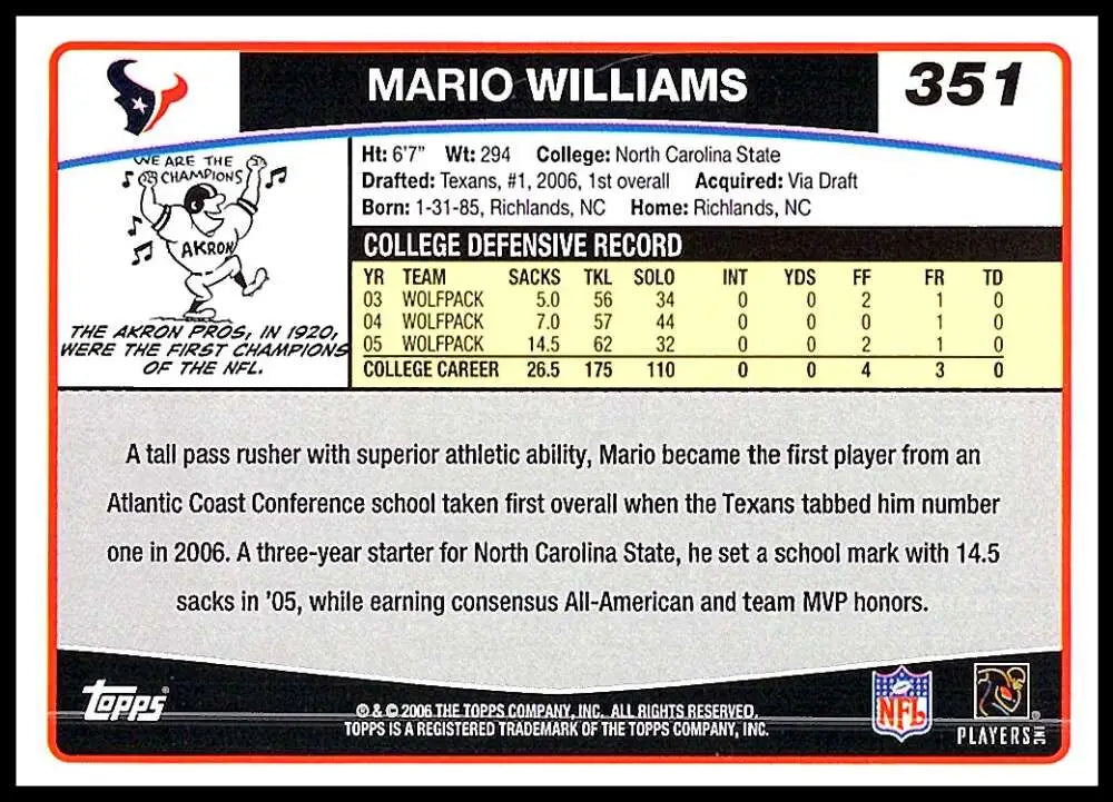 2006 Topps #351 Mario Williams NM-MT RC Rookie Houston Texans Football Card - Football Card Single