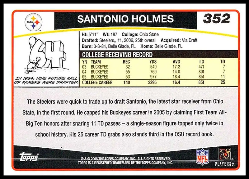 2006 Topps #352 Santonio Holmes NM-MT RC Rookie Pittsburgh Steelers Football Card
