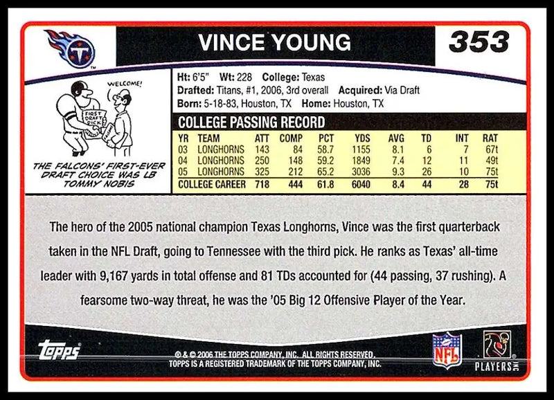 2006 Topps #353 Vince Young NM-MT RC Rookie Tennessee Titans Football Card - Football Card Single