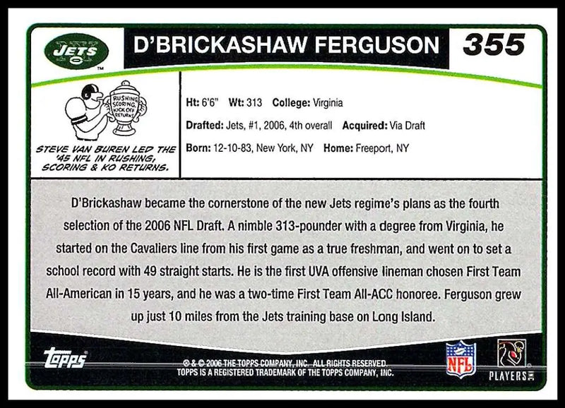 2006 Topps #355 D’Brickashaw Ferguson NM-MT RC Rookie New York Jets Football Card - Football Card Single