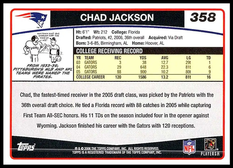 2006 Topps #358 Chad Jackson NM-MT RC Rookie New England Patriots Football Card - Football Card Single