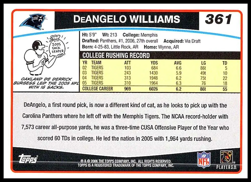 2006 Topps #361 DeAngelo Williams NM-MT RC Rookie Carolina Panthers Football Card - Football Card Single
