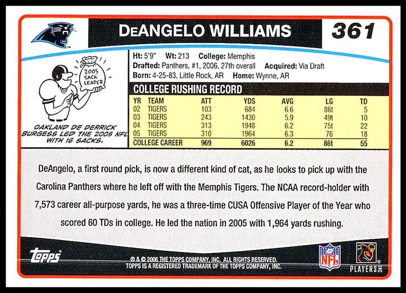 2006 Topps #361 DeAngelo Williams NM-MT RC Rookie Carolina Panthers Football Card - Football Card Single