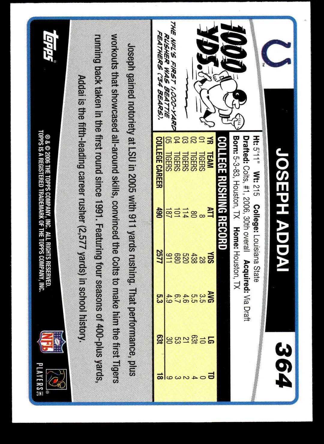 2006 Topps #364 Joseph Addai NM-MT RC Rookie Indianapolis Colts Football Card