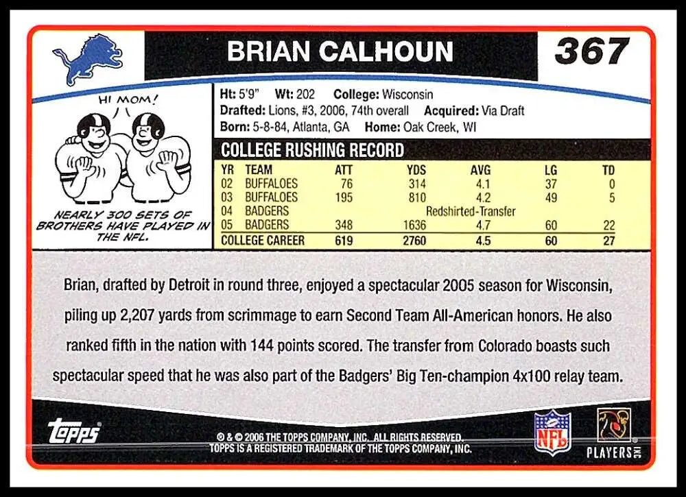 2006 Topps #367 Brian Calhoun NM-MT RC Rookie Detroit Lions Football Card - Football Card Single