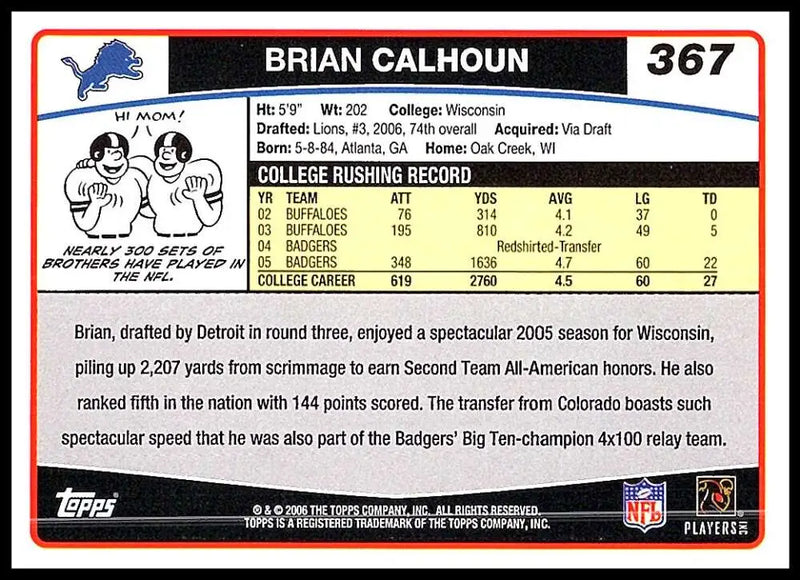 2006 Topps #367 Brian Calhoun NM-MT RC Rookie Detroit Lions Football Card - Football Card Single