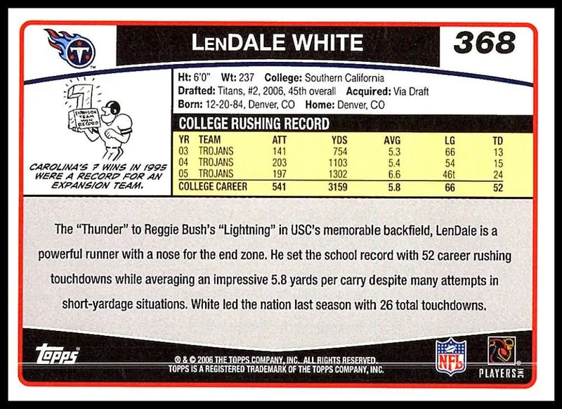2006 Topps #368 LenDale White NM-MT RC Rookie Tennessee Titans Football Card - Football Card Single
