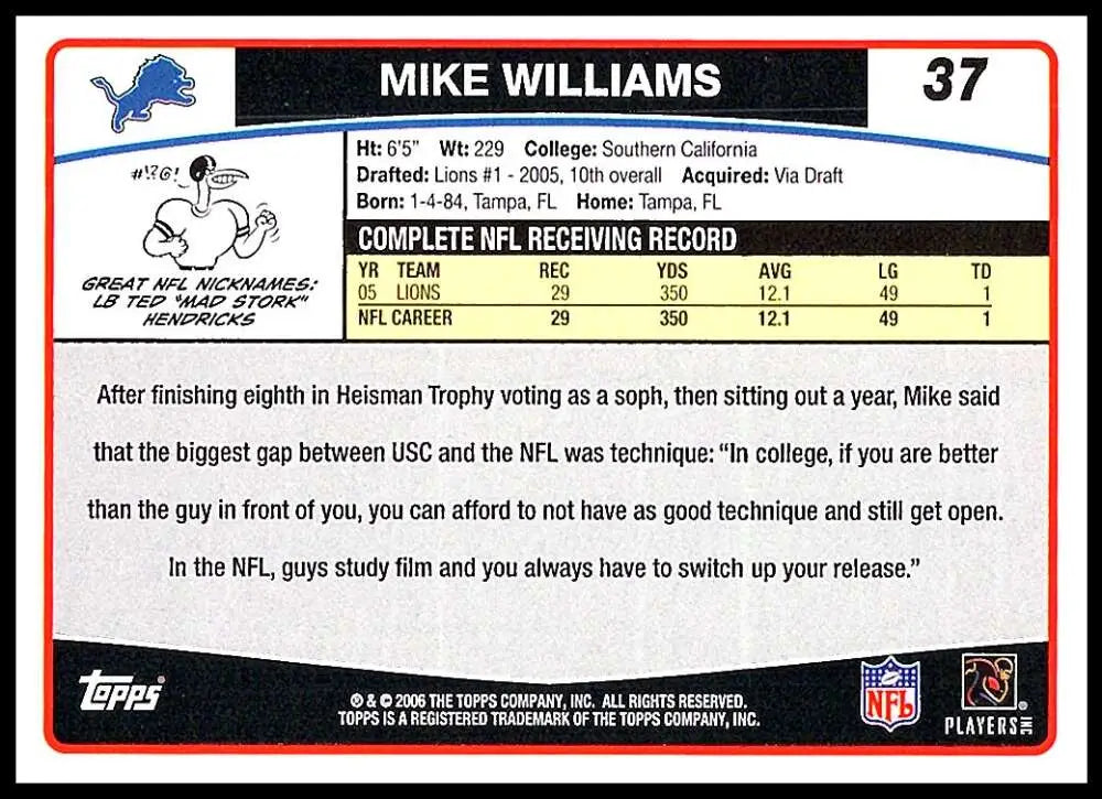 2006 Topps #37 Mike Williams NM-MT Detroit Lions Football Card - Football Card Single