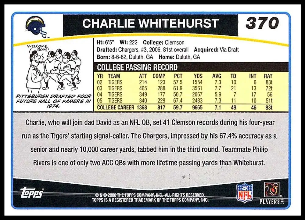 2006 Topps #370 Charlie Whitehurst NM-MT RC Rookie San Diego Chargers Football Card - Football Card Single
