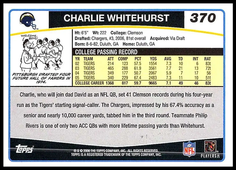 2006 Topps #370 Charlie Whitehurst NM-MT RC Rookie San Diego Chargers Football Card - Football Card Single