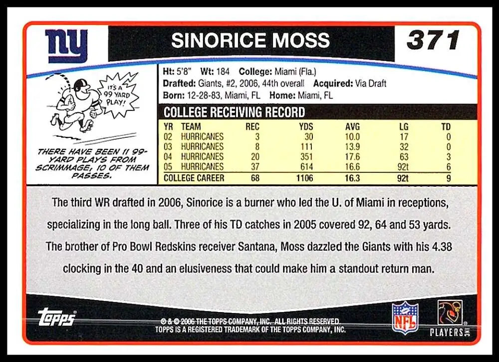2006 Topps #371 Sinorice Moss NM-MT RC Rookie New York Giants Football Card
