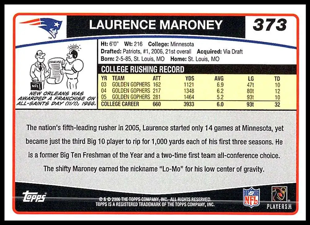 2006 Topps #373 Laurence Maroney NM-MT RC Rookie New England Patriots Football Card - Football Card Single