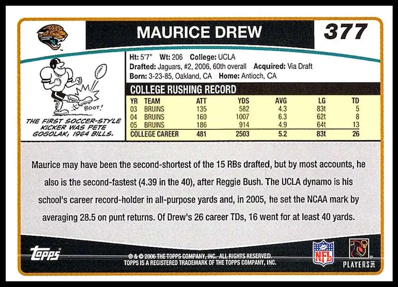 2006 Topps #377 Maurice Drew NM-MT RC Rookie Jacksonville Jaguars Football Card