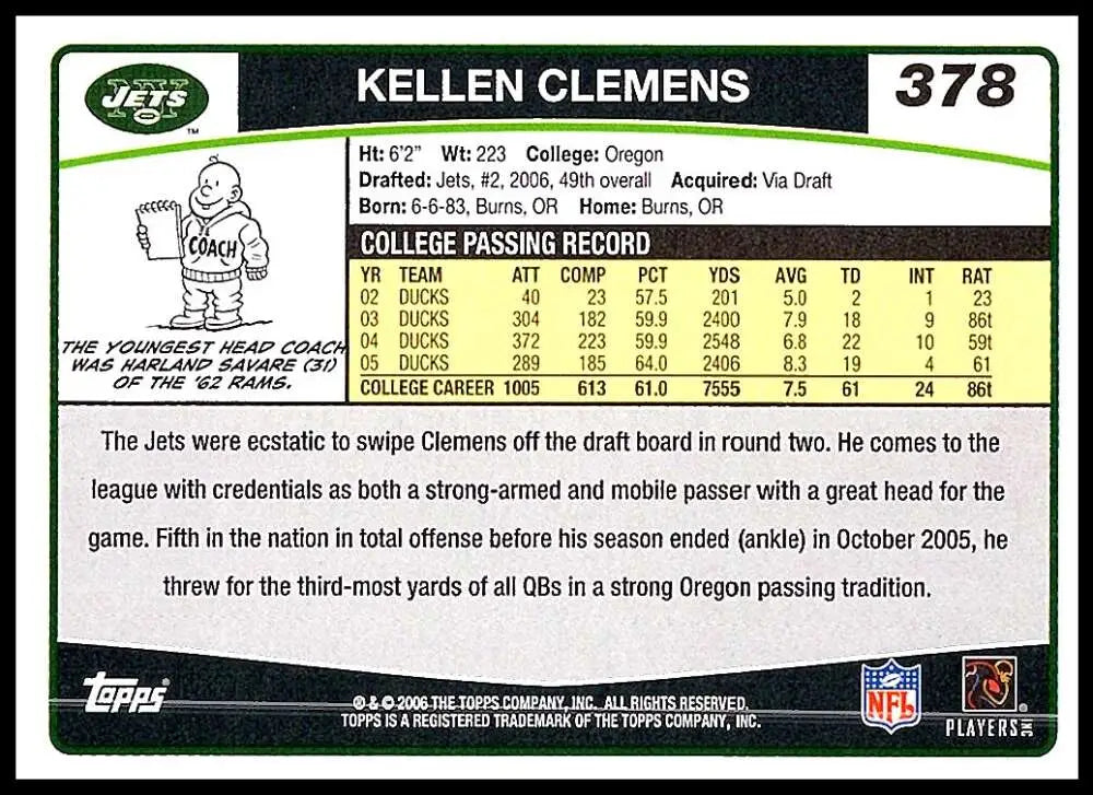 2006 Topps #378 Kellen Clemens NM-MT RC Rookie New York Jets Football Card - Football Card Single
