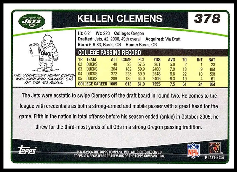 2006 Topps #378 Kellen Clemens NM-MT RC Rookie New York Jets Football Card - Football Card Single