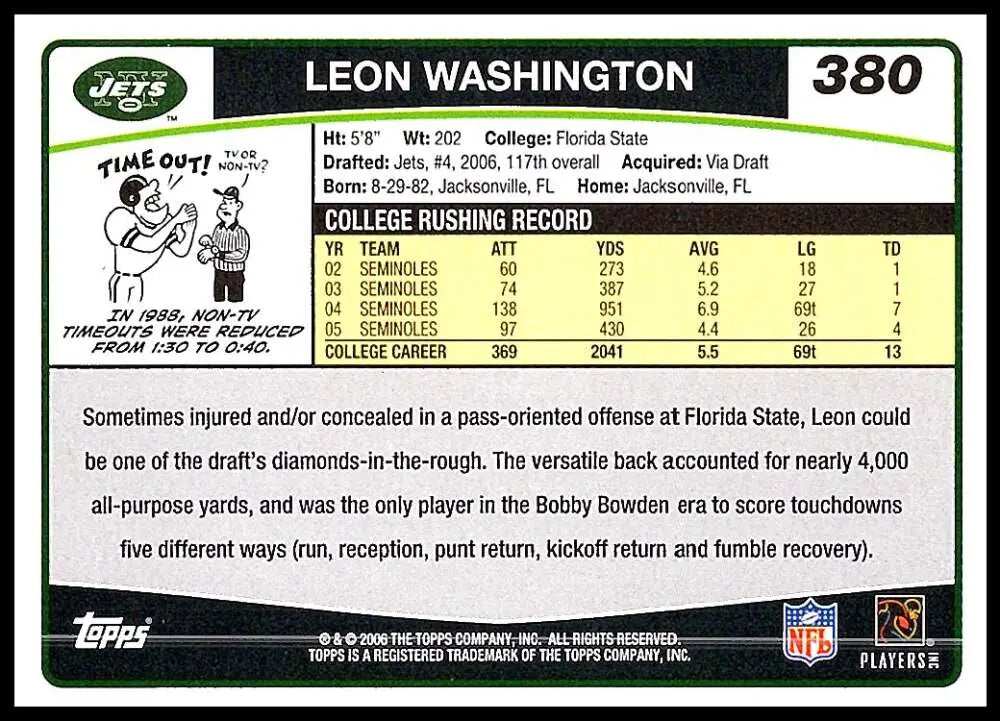 2006 Topps #380 Leon Washington NM-MT RC Rookie New York Jets Football Card - Football Card Single