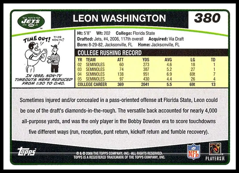 2006 Topps #380 Leon Washington NM-MT RC Rookie New York Jets Football Card - Football Card Single