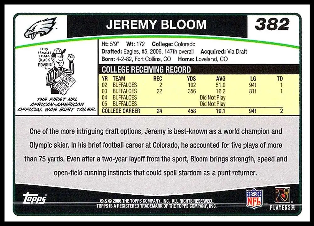 2006 Topps #382 Jeremy Bloom NM-MT RC Rookie Philadelphia Eagles Football Card - Football Card Single