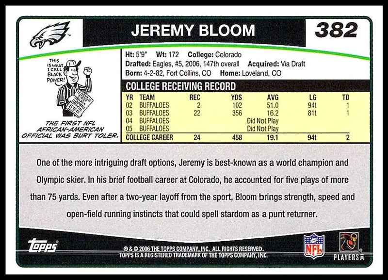 2006 Topps #382 Jeremy Bloom NM-MT RC Rookie Philadelphia Eagles Football Card - Football Card Single