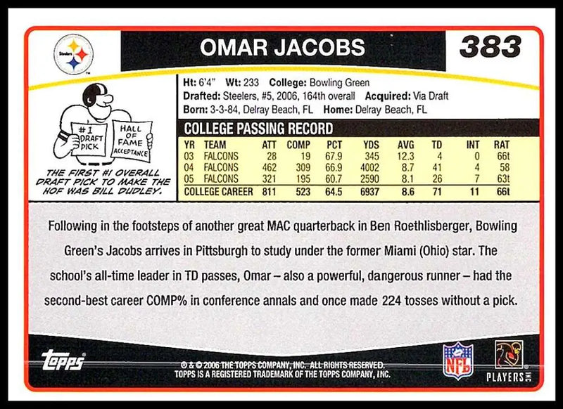 2006 Topps #383 Omar Jacobs NM-MT RC Rookie Pittsburgh Steelers Football Card