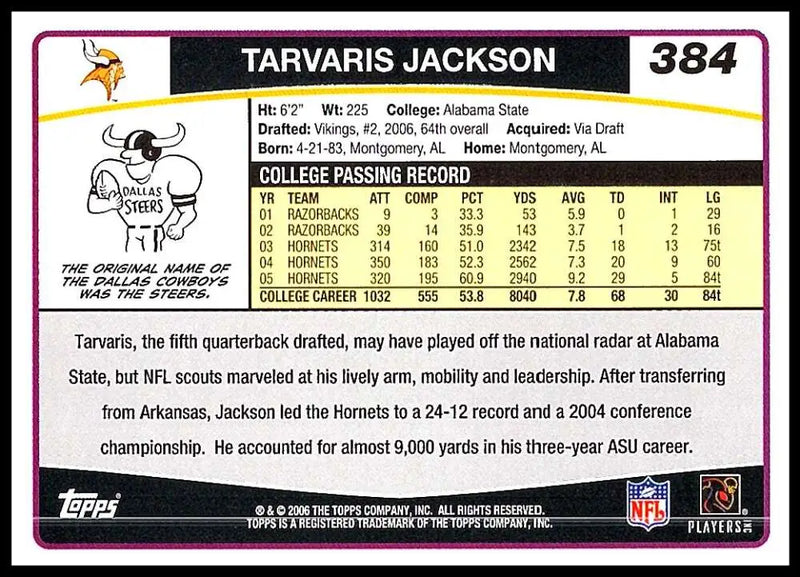 2006 Topps #384 Tarvaris Jackson NM-MT RC Rookie Minnesota Vikings Football Card