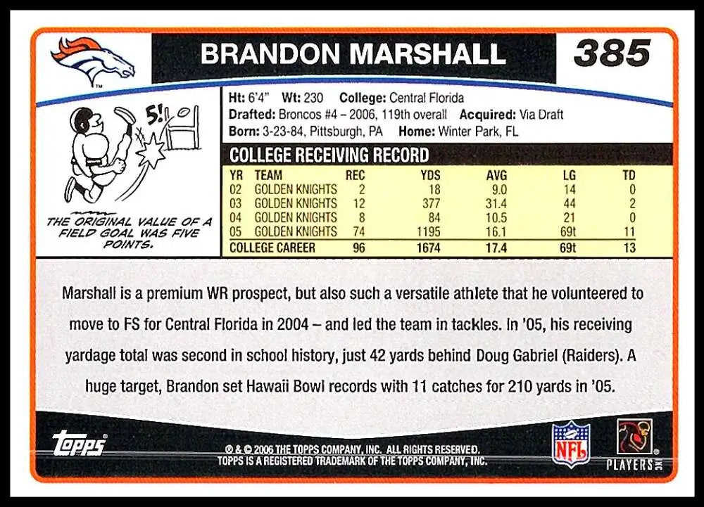 2006 Topps #385 Brandon Marshall NM-MT RC Rookie Denver Broncos Football Card - Football Card Single